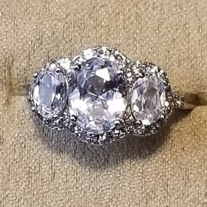 NEW White Zircon 3 Stone Halo Ring 925 Sterling